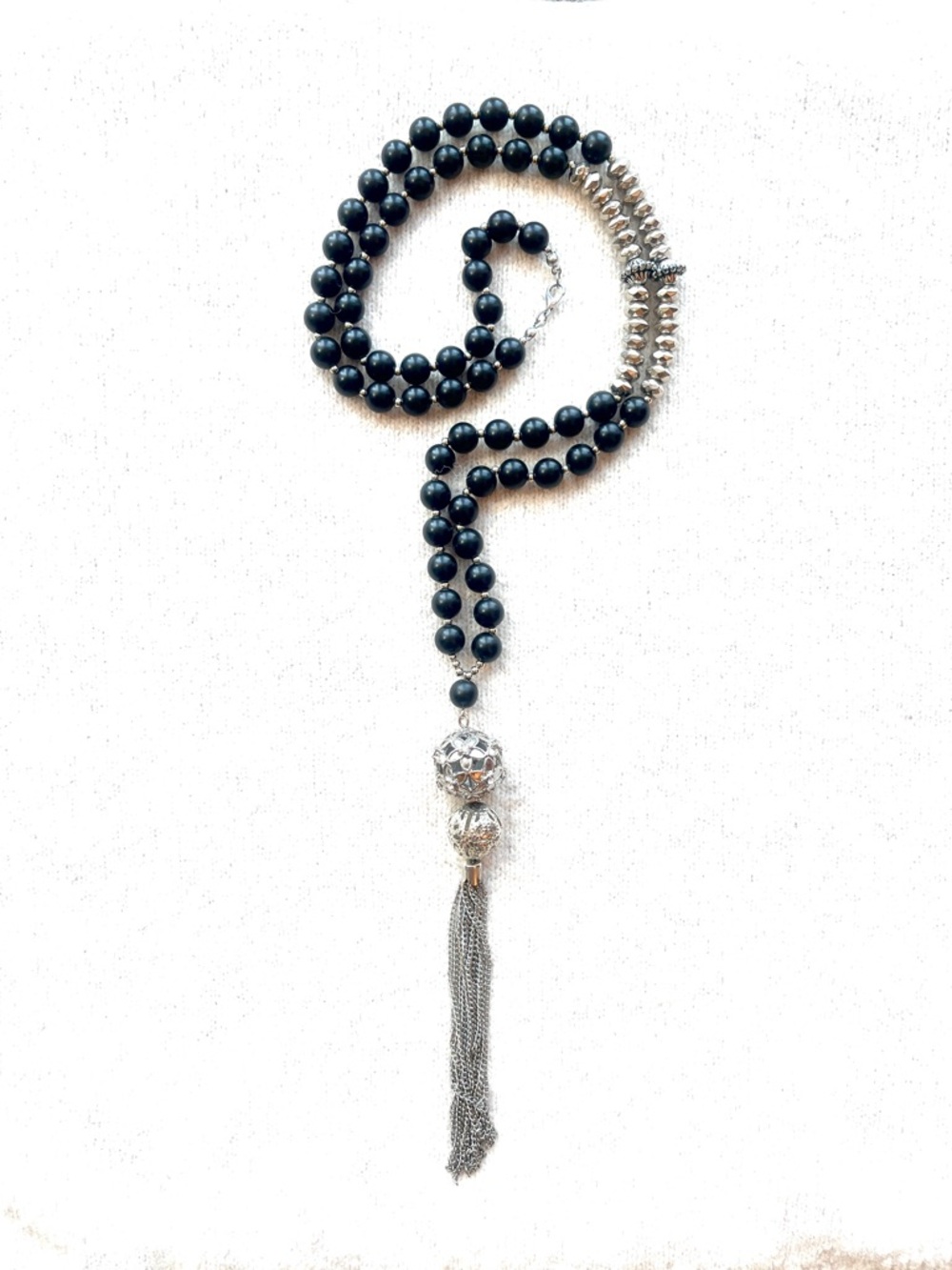 Long Matte Black Beaded Tassel Necklace - Modern Rosary - Hudson's Bay